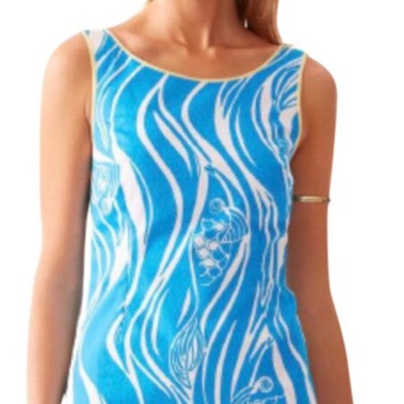 Vintage Lilly Pulitzer Delia Resort White Blue Joe Fish  Dobby Shift Dress - Picture 1 of 6